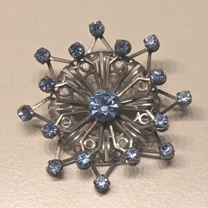 Vintage Silver Tone Starburst Brooch Rhinestone Blue Crystal Snowflake Pin Women